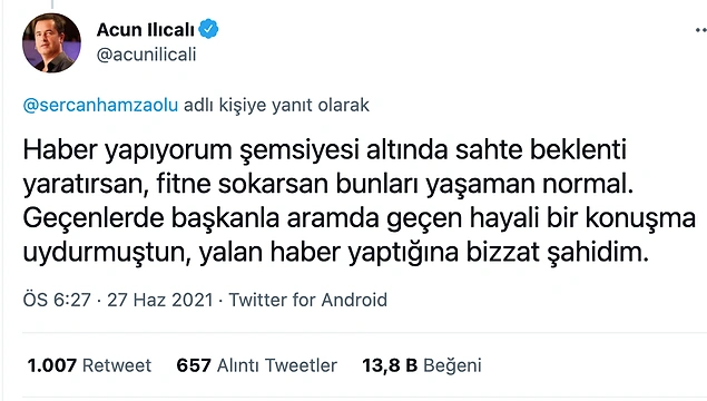 Bunun üzerine Acun Ilıcalı, Sercan Hamzaoğlu'nun paylaşımına yorum yaptı ve muhabiri yalan haber yapmakla suçladı.
