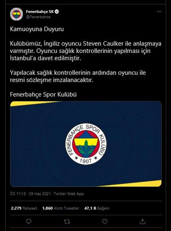 İşte Fenerbahçe’nin Yaptığı Steven Caulker Açıklaması: