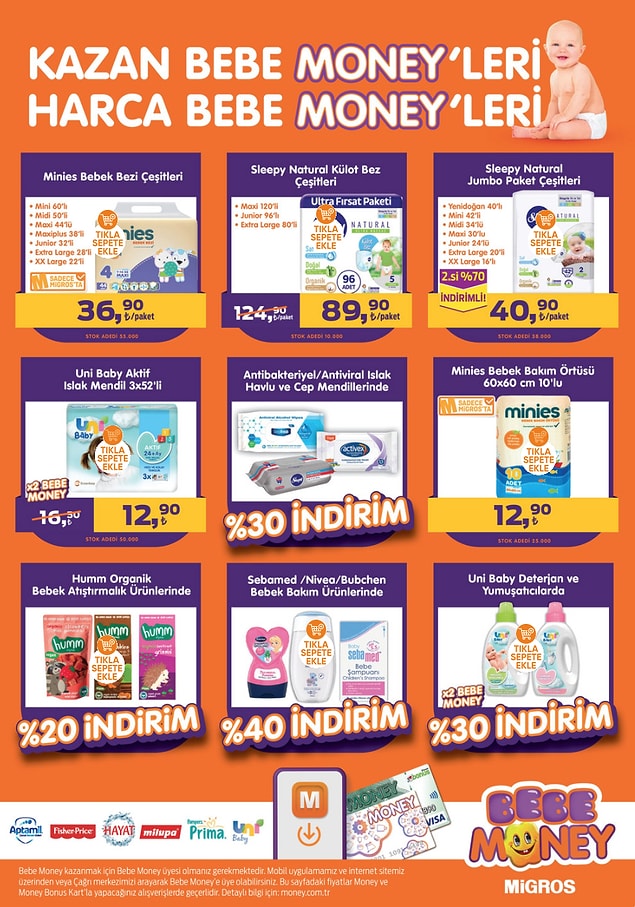 Çeşitli bebek bezi markalarında indirimler var.