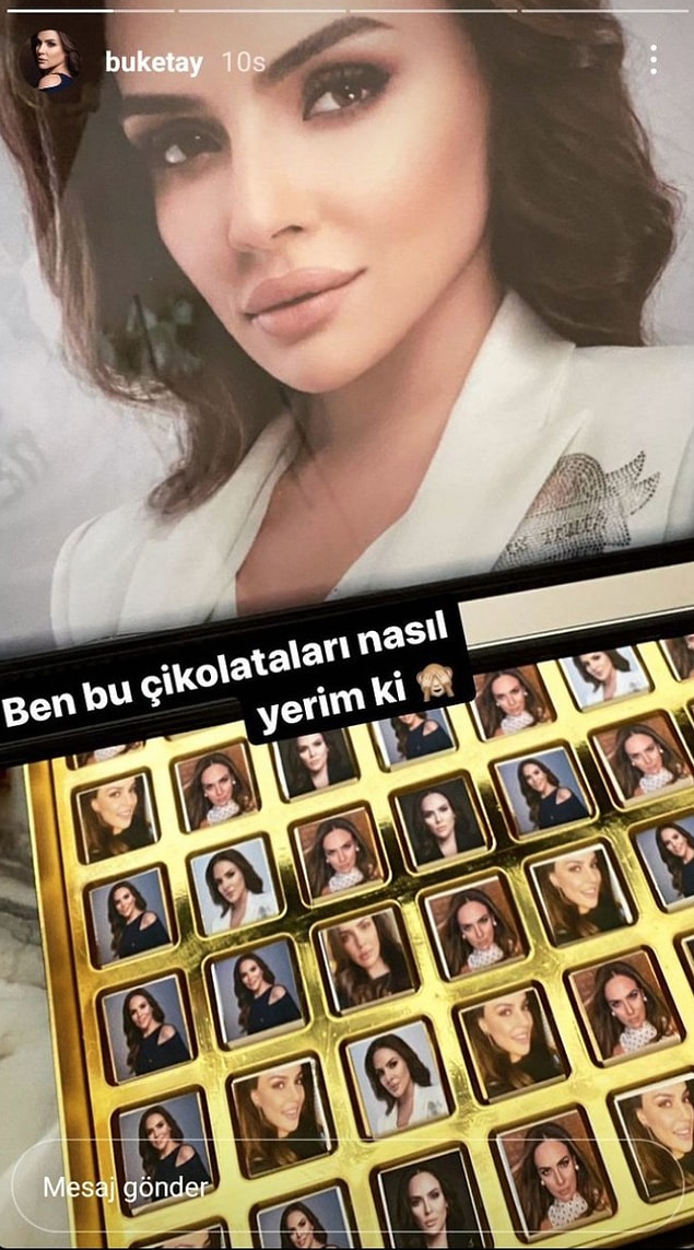 5. Buket Aydın kendisine gelen ve üzerinde kendi fotoğraflarının yer aldığı çikolatayı paylaşınca sosyal medyada goygoycuların eline fena halde düştü.