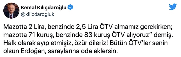 Erdoğan’ın sözlerine, CHP Genel Başkanı Kemal Kılıçdaroğlu sosyal medya hesabından yanıt verdi. Kılıçdaroğlu, şunları söyledi: