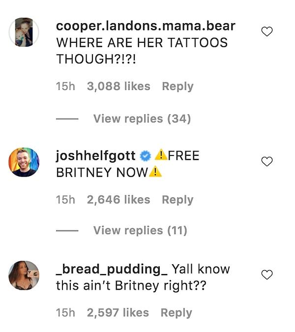 Bunun en büyük nedenlerinden biri de fotoğrafta ünlü sanatçının dövmelerinin gözükmüyor olmasıydı. Bu durum insanlara fotoğraftaki kişinin Britney olmadığını düşündürdü.