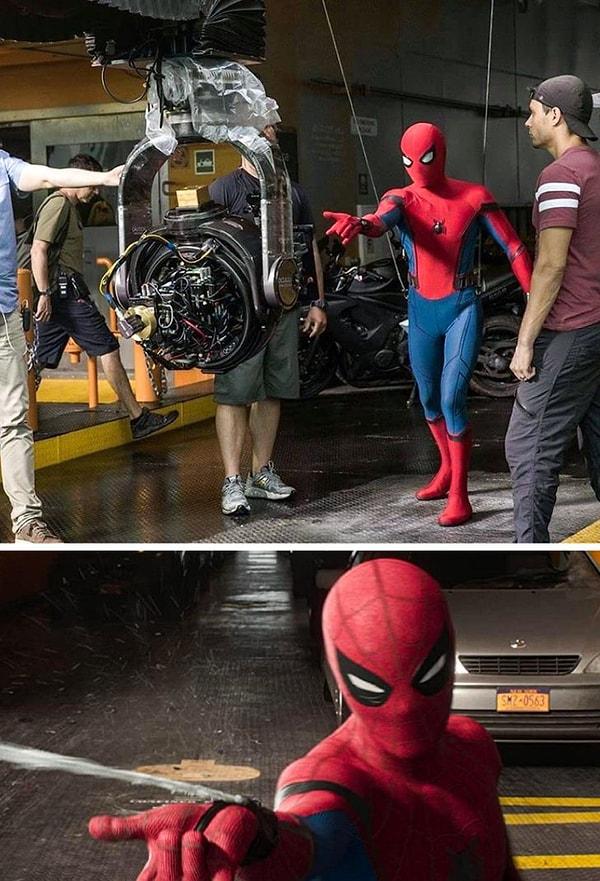5. Spider-Man: Homecoming filminde Tom Holland'ın canlandırdığı Örümcek Adam'ın ağ atma sahneleri bu şekilde çekilmiş.