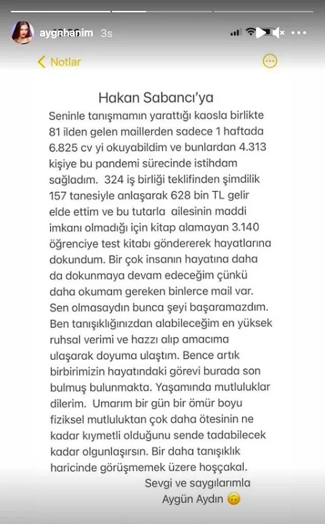 Bu durum sosyal medyada büyük tepki çekince paylaşım yapmaya devam eden Aygün Aydın sonunda Sabancı’ya Instagram üzerinden bir veda bile etmişti.