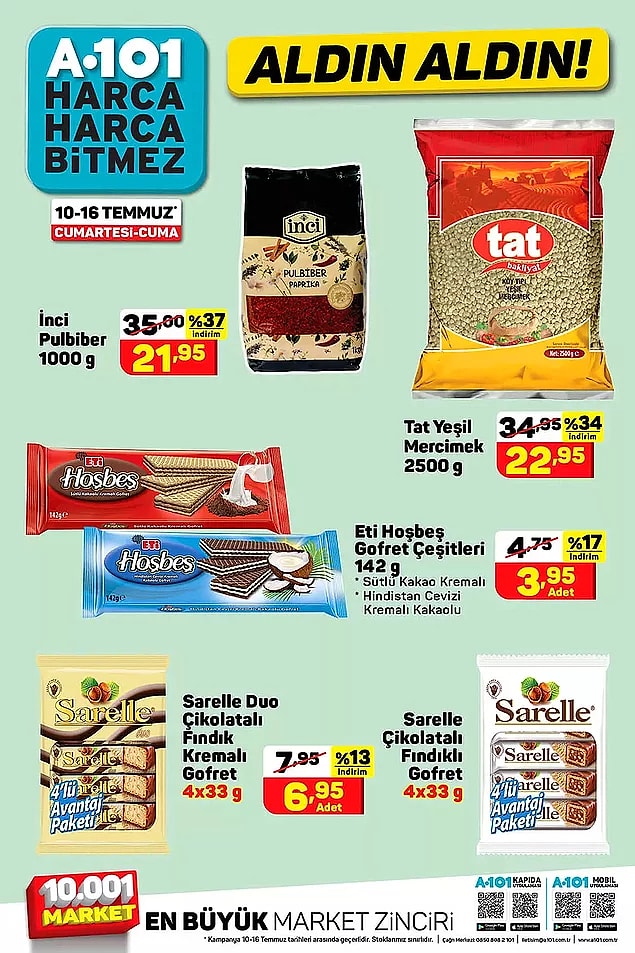 2500 g Tat yeşil mercimek 22,95 TL.