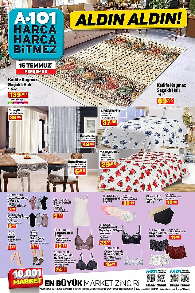 5m2 Kadife Kaymaz Saçaklı Halı 139 TL, 3m2 89,95 TL.