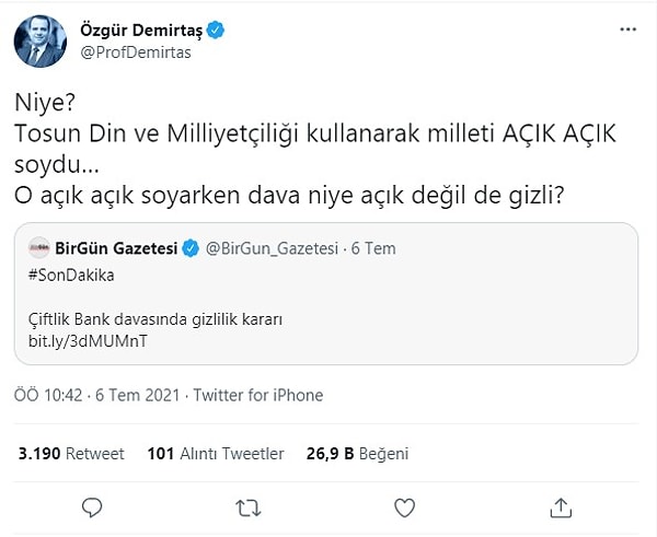 7. Tosuncuk lakaplı Mehmet Aydın'ın davasına alınan gizlilik kararına da tepkisini gösterdi.