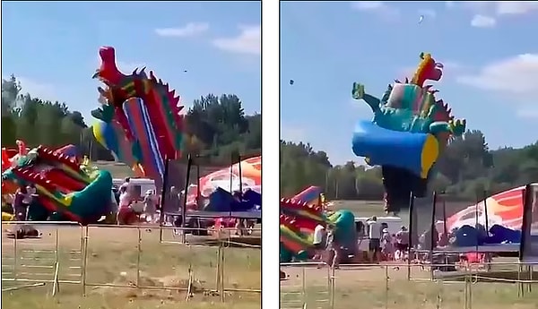 Батут в форме дракона поднялся в воздух и начал вращаться по кругу, прежде чем рухнул на пол в городе Александрия на севере Беларуси.