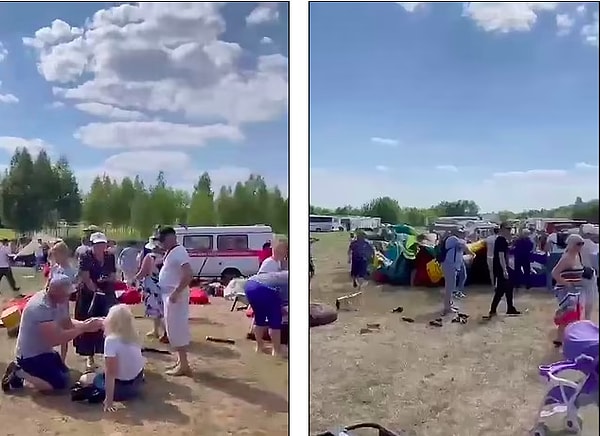 Одна из продавщиц получает первую помощь (слева) после того, как один из надувных батутов разбил ее палатку 10 июля в Беларуси, и очевидцы с ужасом наблюдают за ней (справа).