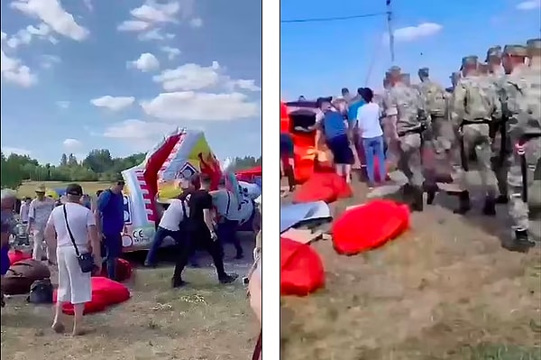 Очевидцы (слева) и армия (справа) бросились на помощь пострадавшим в инциденте.