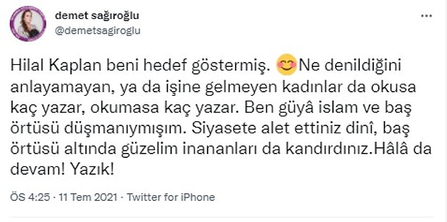 Demet Sağıroğlu, Hilal Kaplan'ın bu yorumuna elbette cevap verdi.