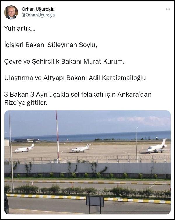 Yeniçağ Gazetesi Ankara Temsilcisi Orhan Uğuroğlu, Twitter'da bakanlara ait olduğunu öne sürdüğü jetlerin fotoğraflarını paylaştı. Uğuroğlu'nun iddiasına göre 3 bakan Ankara'dan 3 ayrı jetle Rize'ye gitti. 👇