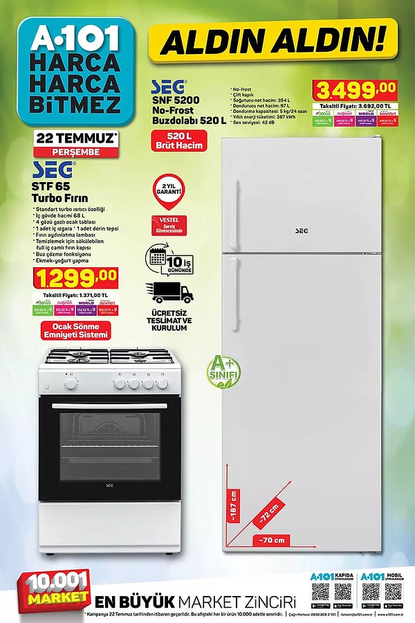SEG marka fırın ve buzdolabı ücretsiz teslimat ve kurulum seçeneği ile satışta olacak.