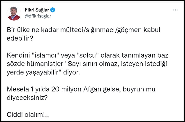 Irkçılıkla suçlanan Sağlar, eleştirilere yanıt olarak "Bir ülke ne kadar mülteci/sığınmacı/göçmen kabul edebilir?" diye sordu.👇