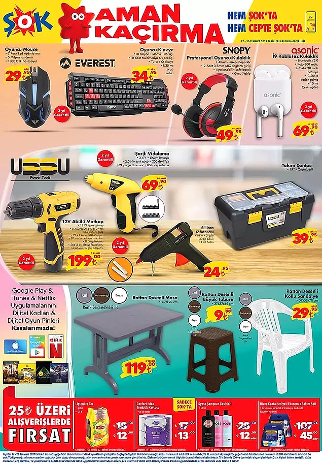 ŞOK'ta 17 - 20 Temmuz tarihleri arasında 25 TL ve üzeri alışverişlerinize 4x1 L Lipton Ice Tea, Comfort ıslak temizlik havlusu, Syoss şampuan çeşitleri ya da Nivea çanta hediyeli ekonomik bakım seti indirimli.