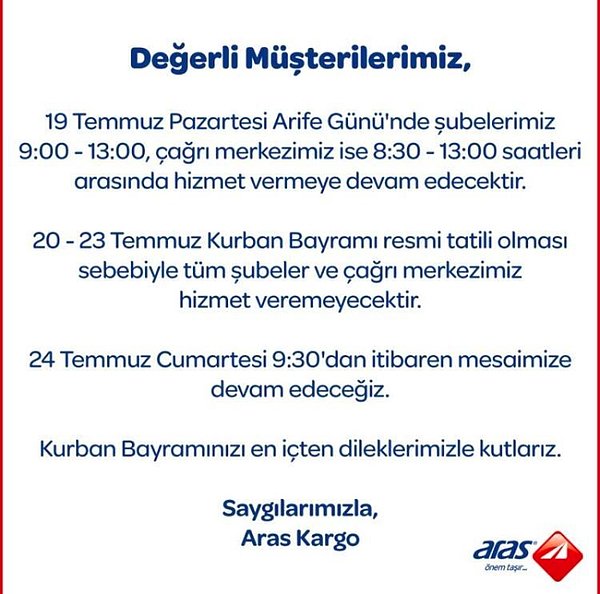 Aras Kargo Arefe Günü Açık mı?