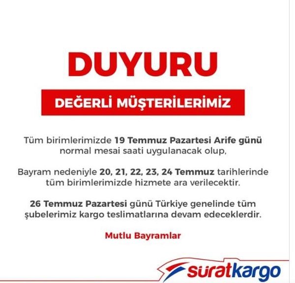 Sürat Kargo Arefe Günü Açık mı?