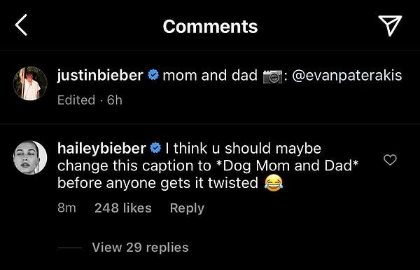 Justin Bieber’ın Hailey ile olan fotoğrafının altına ‘anne ve baba’ yazması ‘bebek geliyor’ olarak yorumlandı ama Hailey’den müdahale geldi:  “Bence *köpek annesi ve babası* yazarsan kimsenin kafasını karıştırmamış olursun”