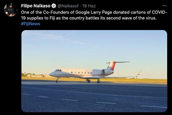 Habere göre Larry Page Fiji'ye büyük miktarda sağlık malzemesi bağışı yapmıştı ve tüm bu malzemeler kendi özel uçağı ile ülkeye gönderilmişti.