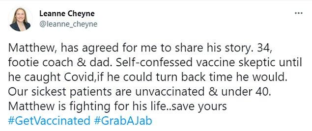 "Matthew hikayesini paylaşmam için izin verdi. Kendisi 34 yaşında bir futbol antrenörü ve bir baba. Koronavirüse yakalanana kadar açık açık bir aşı karşıtıydı. Eğer zamanı geri döndürebiliyor olsaydı yapardı."