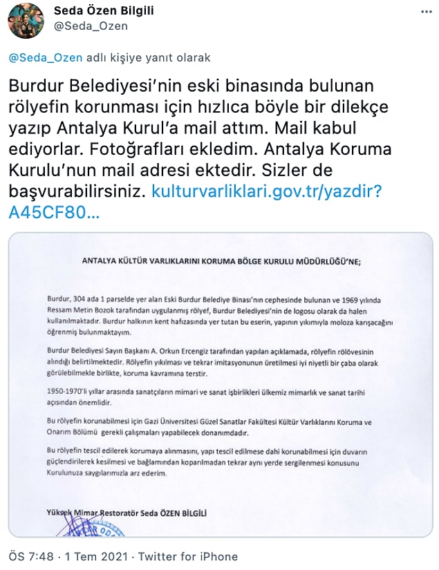Konuyla ilgili bir dilekçe yazılarak Kültür Varlıklarını Koruma Kurulu'na gönderildi.