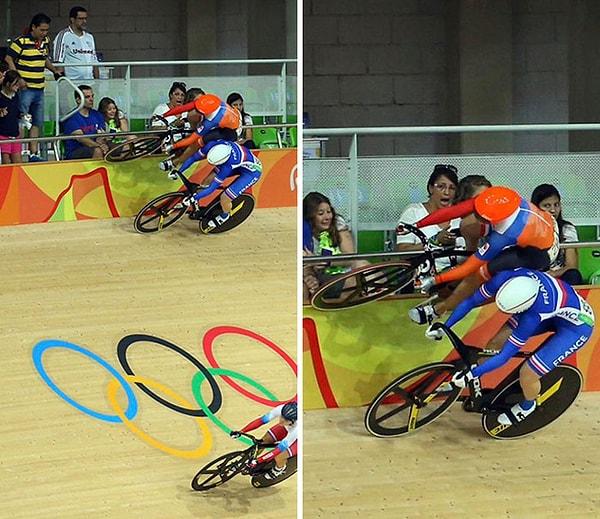 15. 2016 Rio Olimpiyatları'nda bisikletini kulvar duvarında bile sürmeye devam eden Hollandalı Laurine Van Riessen: