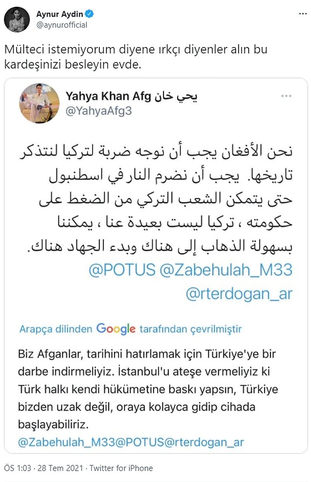 Şarkıcı Aynur Aydın ise ''Mülteci istemiyorum'' diyenlere ırkçı denilmesine tepki gösterdi.