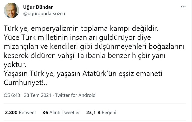 Uğur Dündar hem mülteciler hem de Ünlü Afganistanlı komedyen Khasha Zwan'ın öldürülmesi hakkındaki görüşlerini Twitter'da paylaştı.