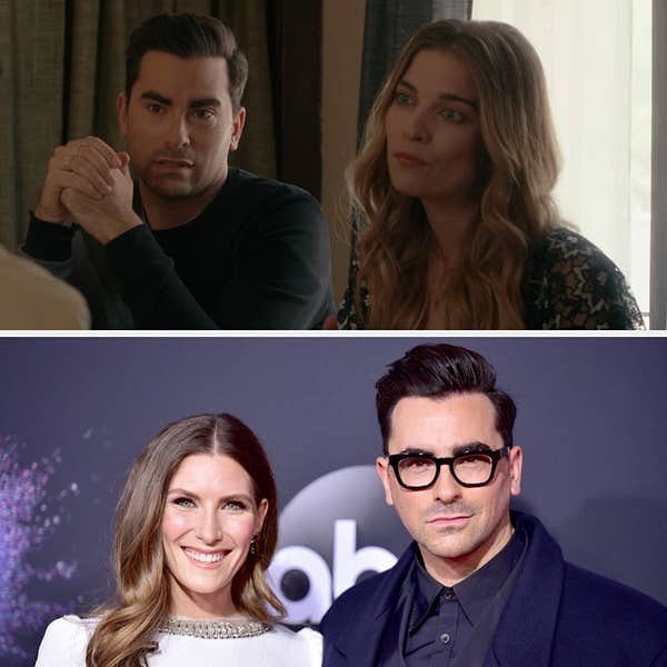 5. Дэн Леви в роли Дэвида Роуза со своей сестрой Алексис (Энни Мерфи) в фильме "Шиттс Крик" vs. Дэн Леви и его настоящая сестра, актер Сара Леви.