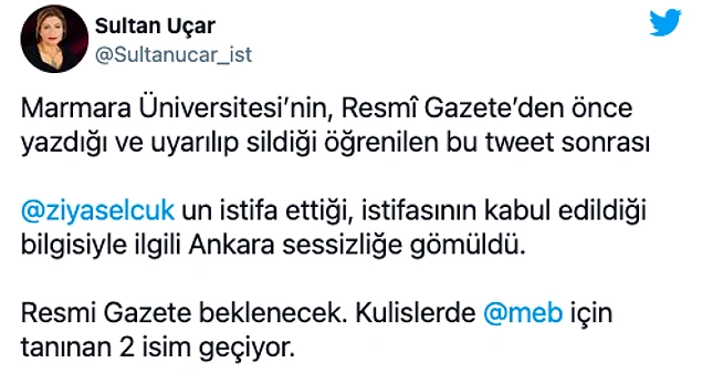 Sözcü gazetesi yazarı eğitim editörü Sultan Uçar’ın Twitter hesabından yaptığı paylaşım