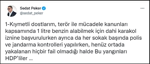 Sedat Peker'den Yangın Paylaşımı: 'HDP’lileri Suçlamak Hangi Akla Hizmet?'