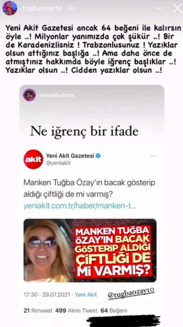 Ve Tuğba Özay'dan Yeni Akit'in manşetine yanıt geldi: