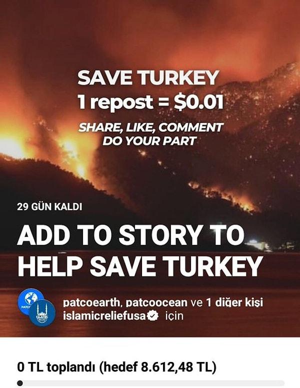 Instagram'da "Türkiye'yi Kurtarın" isimli bir hikaye dolanıyor ve paylaşım başına 0.01 dolar bağışlanacağı söyleniyor.