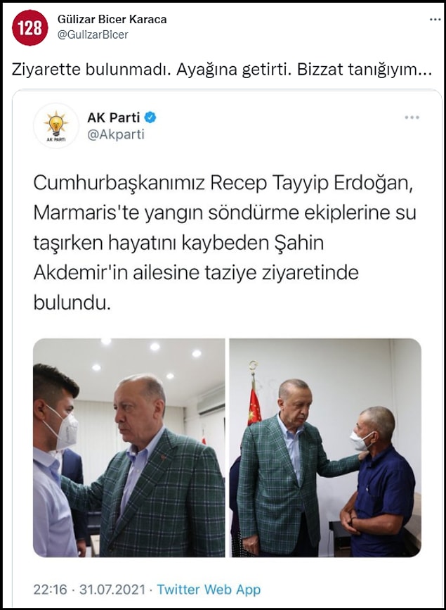 CHP Denizli Milletvekili Gülizar Biçer Karaca ise bu paylaşımla ilgili “Ziyarette bulunmadı. Ayağına getirtti. Bizzat tanığıyım…” dedi. 👇