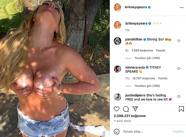 1. Öncelikle çok uzun bir süredir ortalıklarda görünmeyen Britney Spears'ın üstsüz paylaşımı ile başlayalım.