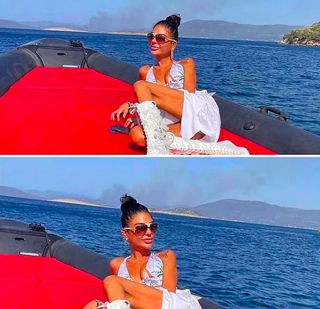 14. Bodrum'da çıkan orman yangının önünde yatıyla poz veren Süreyya Yalçın tepki çekti.