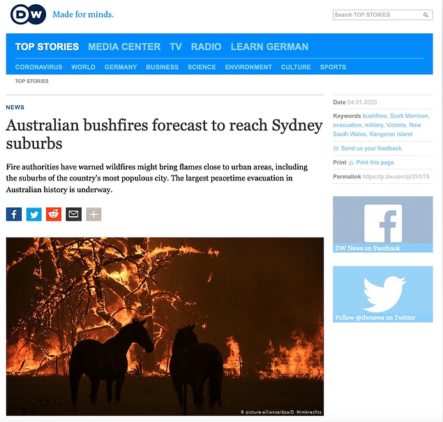 Fotoğrafın orijinaline Australian AP arşivinden erişilebilirken, Deutsche Welle’nin 4 Ocak 2020 tarihli haberinde de fotoğrafın yer aldığı görülebiliyor.
