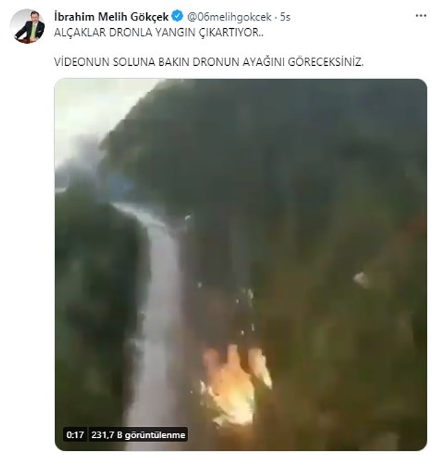 6. Son olarak sosyal medyada dolaşan başka bir videonun Türkiye’deki yangınların kundaklama olduğunu gösterdiği iddia edilmişti. Hatta iddia edenlerden bir tanesi de Ankara'nın eski belediye başkanı Melih Gökçek olmuştu.