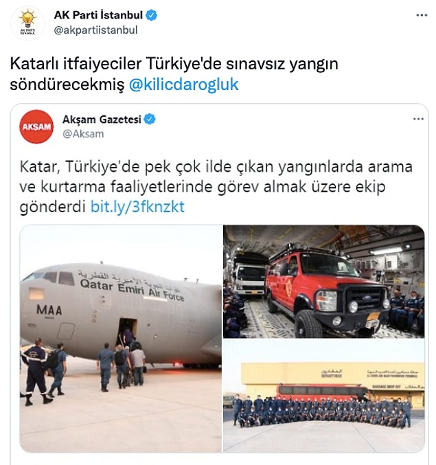 AKP, Katar'ın desteğini alıntıladığı tweette 'Katarlı itfaiyeciler Türkiye'de sınavsız yangın söndürecekmiş' ifadelerini kullandı.