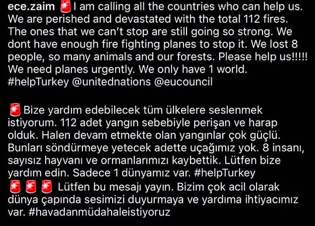 Milyonlarca insan birçok sosyal medya mecrasında #helpturkey etiketiyle Ünlü şef Ece Zaim'in başlattığı ve farklı dillerde yayınladığı yardım açıklamasını paylaştı.