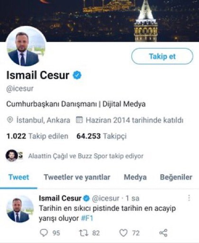 4. Cumhurbaşkanı danışmanı İsmail Cesur'un yangın gündemi sırasındaki Formula 1 heyecanı da silinmeden önce böyleydi.