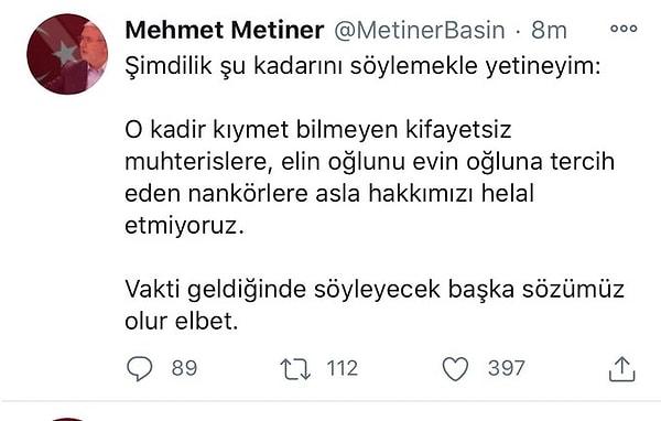 8. Berat Albayrak görevden affını rica ettiğinde Mehmet Metiner'in attığı tweet böyleydi. Metiner daha sonra Albayrak'ı görevden alan kişinin Cumhurbaşkanı Recep Tayyip Erdoğan olduğunu öğrenince paylaşımını sildi.