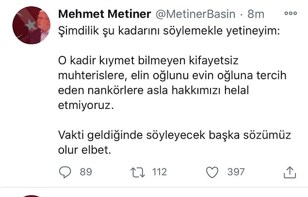 8. Berat Albayrak görevden affını rica ettiğinde Mehmet Metiner'in attığı tweet böyleydi. Metiner daha sonra Albayrak'ı görevden alan kişinin Cumhurbaşkanı Recep Tayyip Erdoğan olduğunu öğrenince paylaşımını sildi.