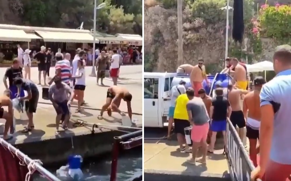 Yangınlarla Mücadele Eden Ekiplere Denizden Kova ile Su Çekip Tankere Doldurarak Yardımcı Olan Vatandaşlar