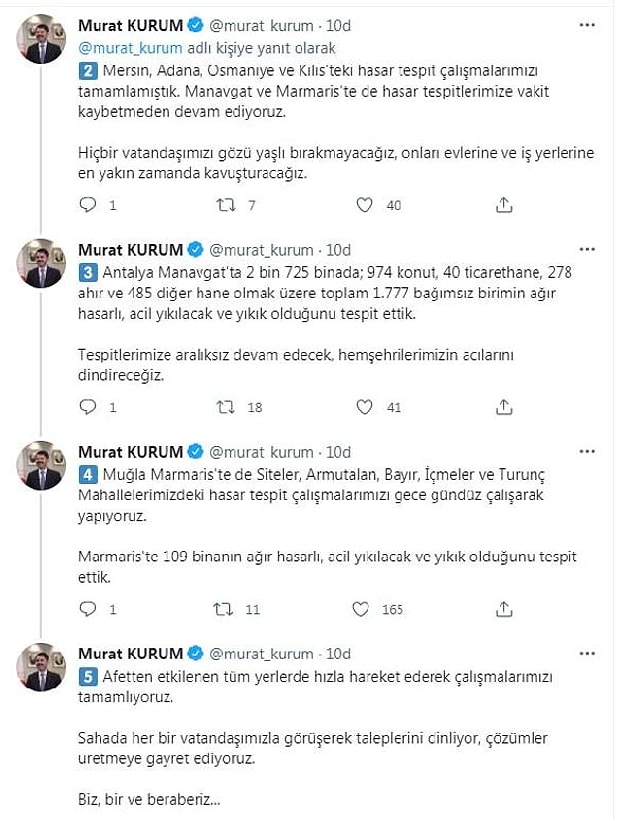 17:17 Bakan Kurum'dan yangın bölgelerinde hasar tespit açıklaması