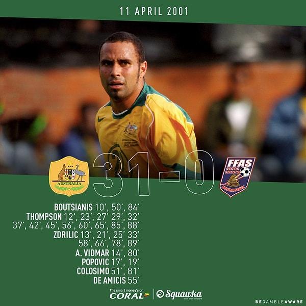 8. 2001`de Sydney`de oynanan maçta Avustralya, Samoa`yı 31-0 gibi tarihi bir skorla yendi. Archie Thompson ise 13 golle zor bir rekorun sahibi oldu.