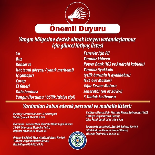 6. Muğla Belediyesi'nin yangından etkilenen mahallelerinin güncel ihtiyaç listesini takip edebilirsiniz.