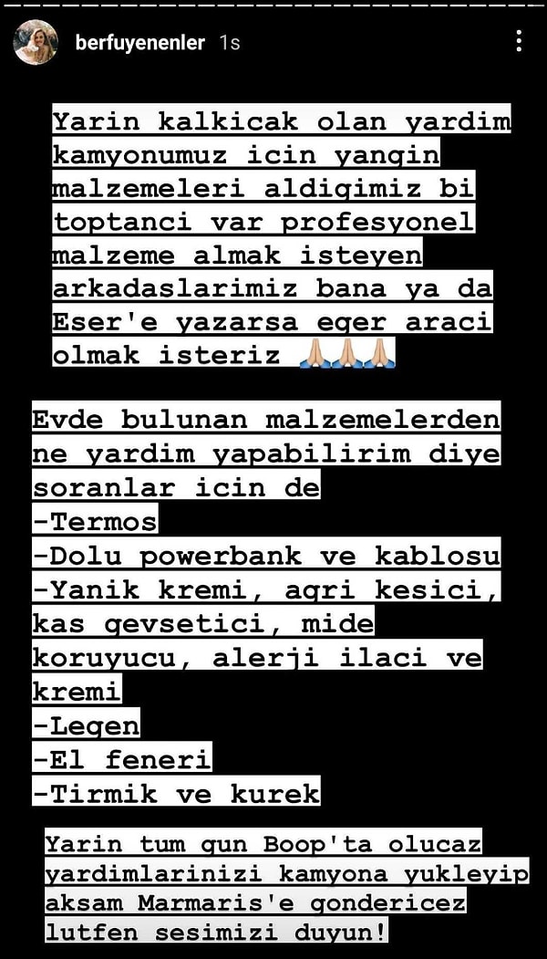 1. Berfu ve Eser Yenenler çifti yardım çağrısında bulunarak gönderim yapacaklarını duyurdu!