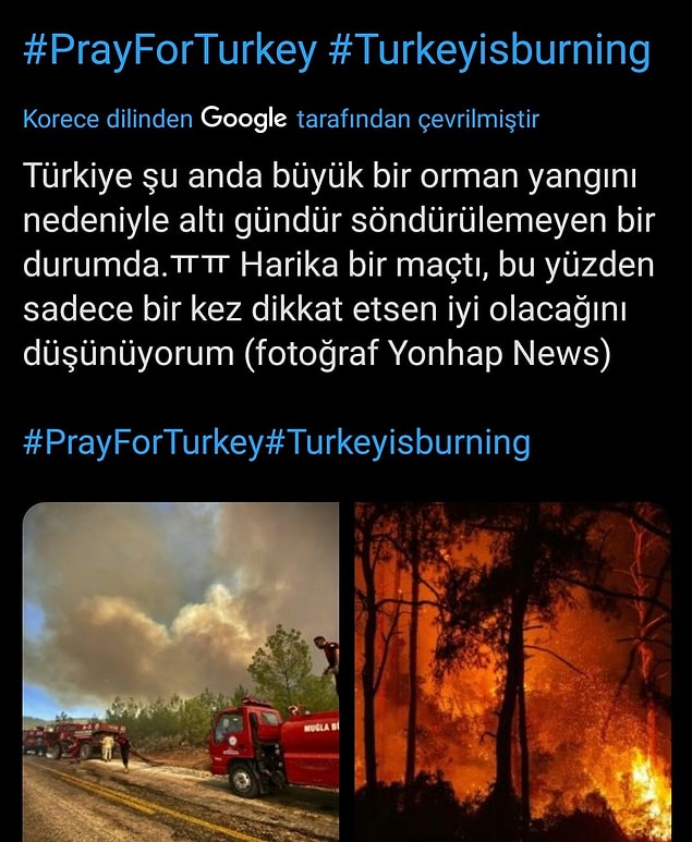 Maçın ardından Güney Kore halkı, Türkiye'de son bir haftadır meydana gelen ve hepimizin yüreğini dağlayan yangın haberlerini paylaşarak bizim için seferber oldu.