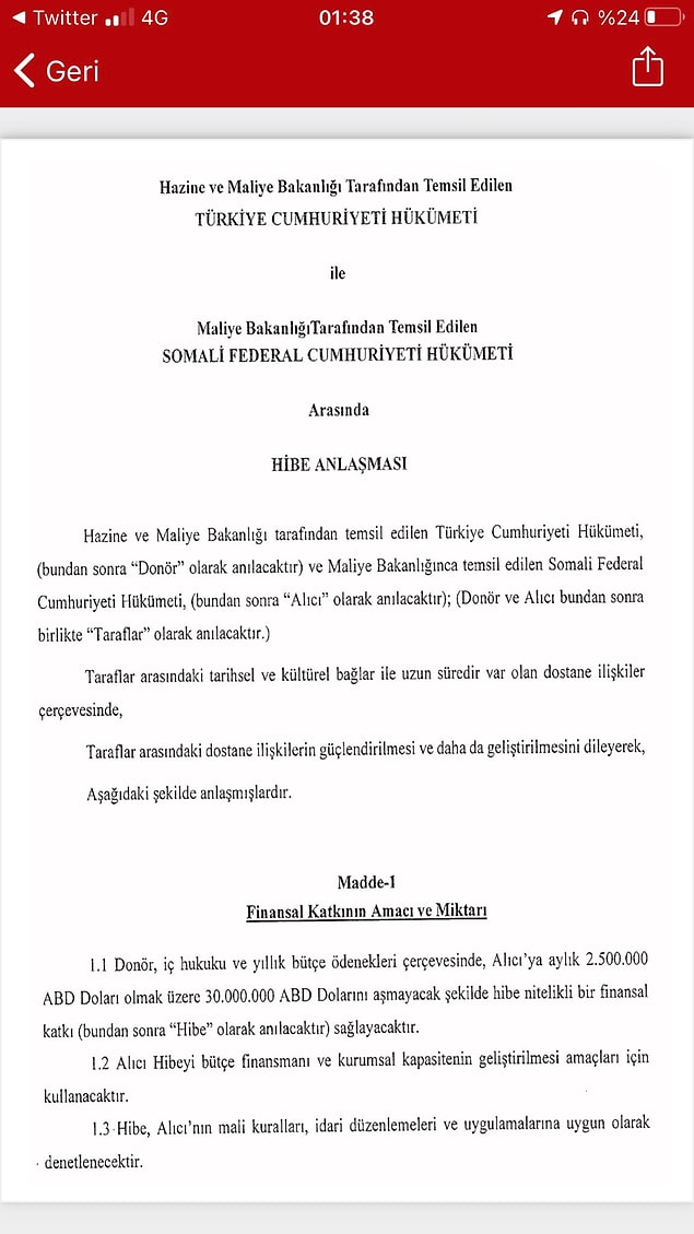 Somali'ye aylık 2.5 milyon dolar yardım yapılacağı ve toplam yardımın 30 milyon doları aşmayacağı aktarıldı.